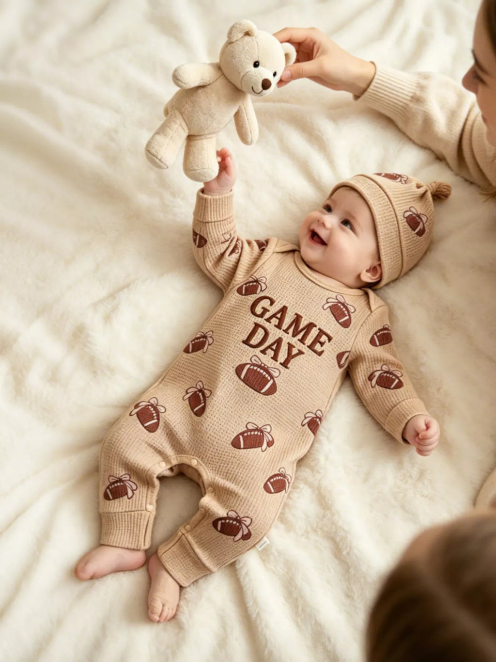 Children’s beige football-print Game Day jumpsuit and matching hat worn by a child