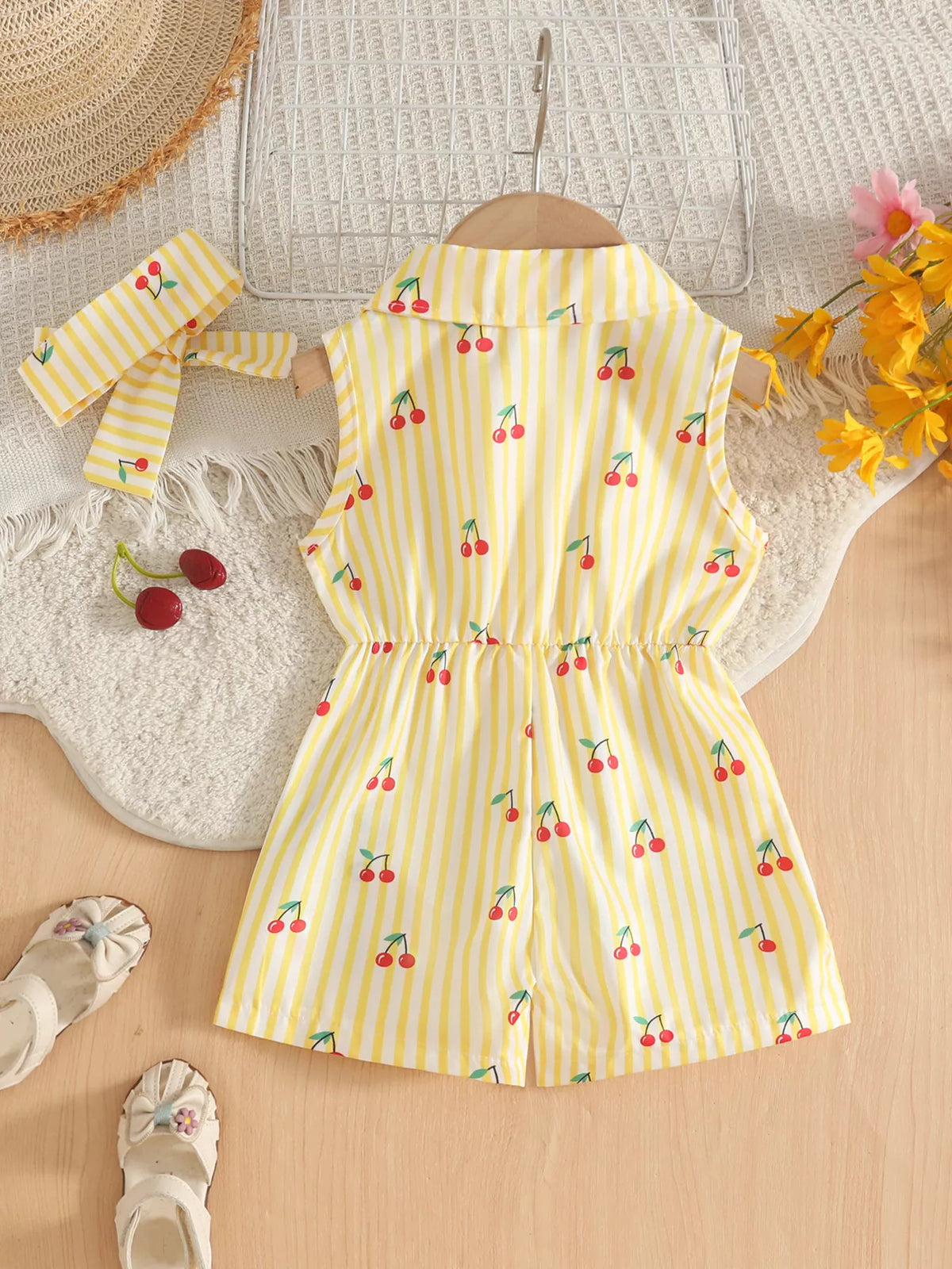 Back flat lay of the yellow striped cherry-print romper and headband.