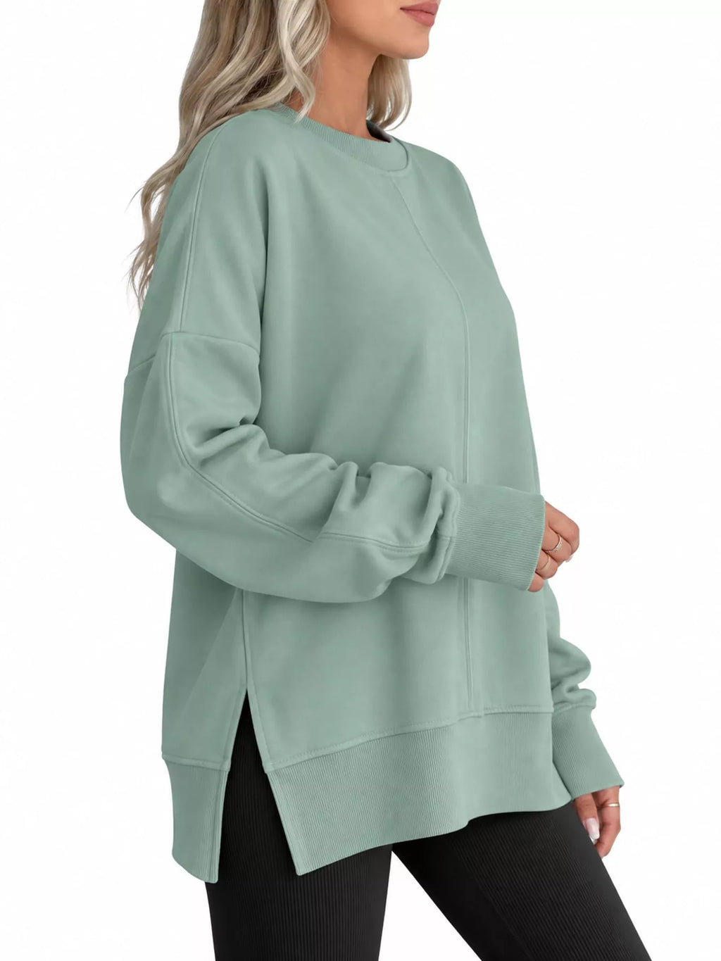 Sage green oversized Crew Neck Sweatshirt with Side Slit
