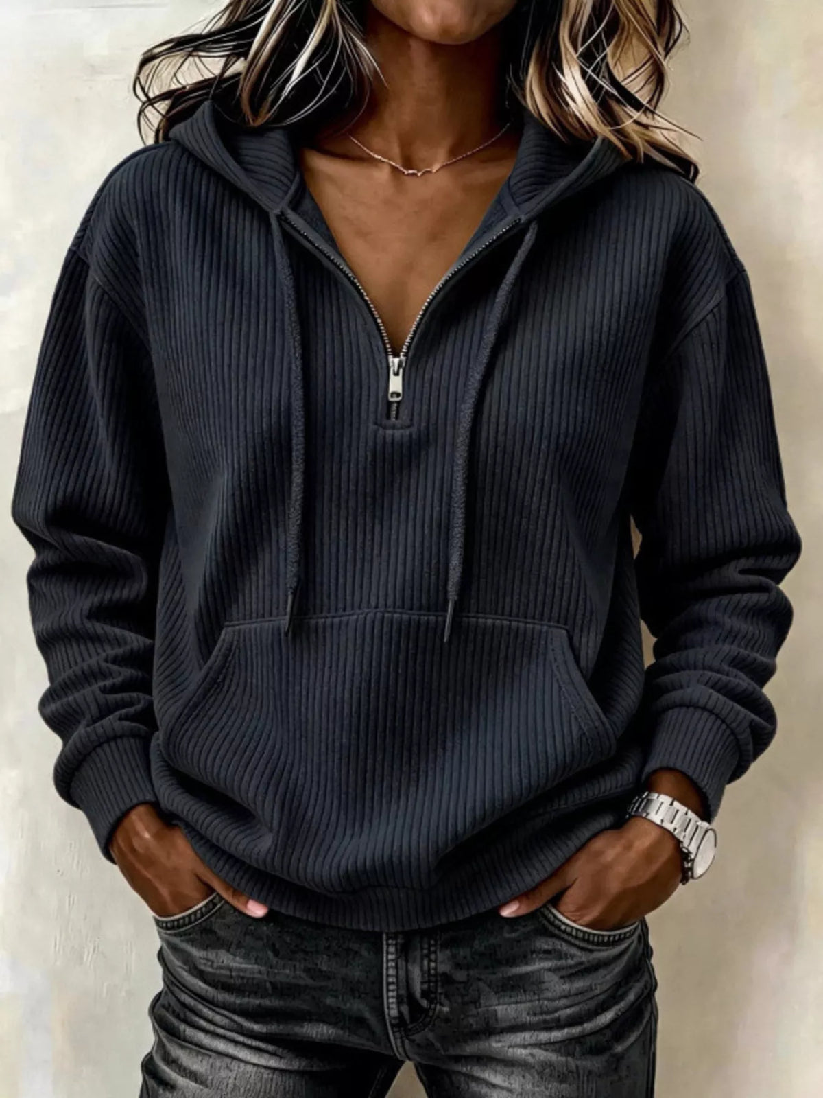 Black ribbed Knit Quarter-Zip Hoodie