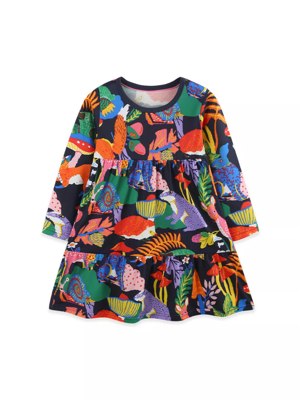 Front product view of the black multicolor botanical-print tiered dress.