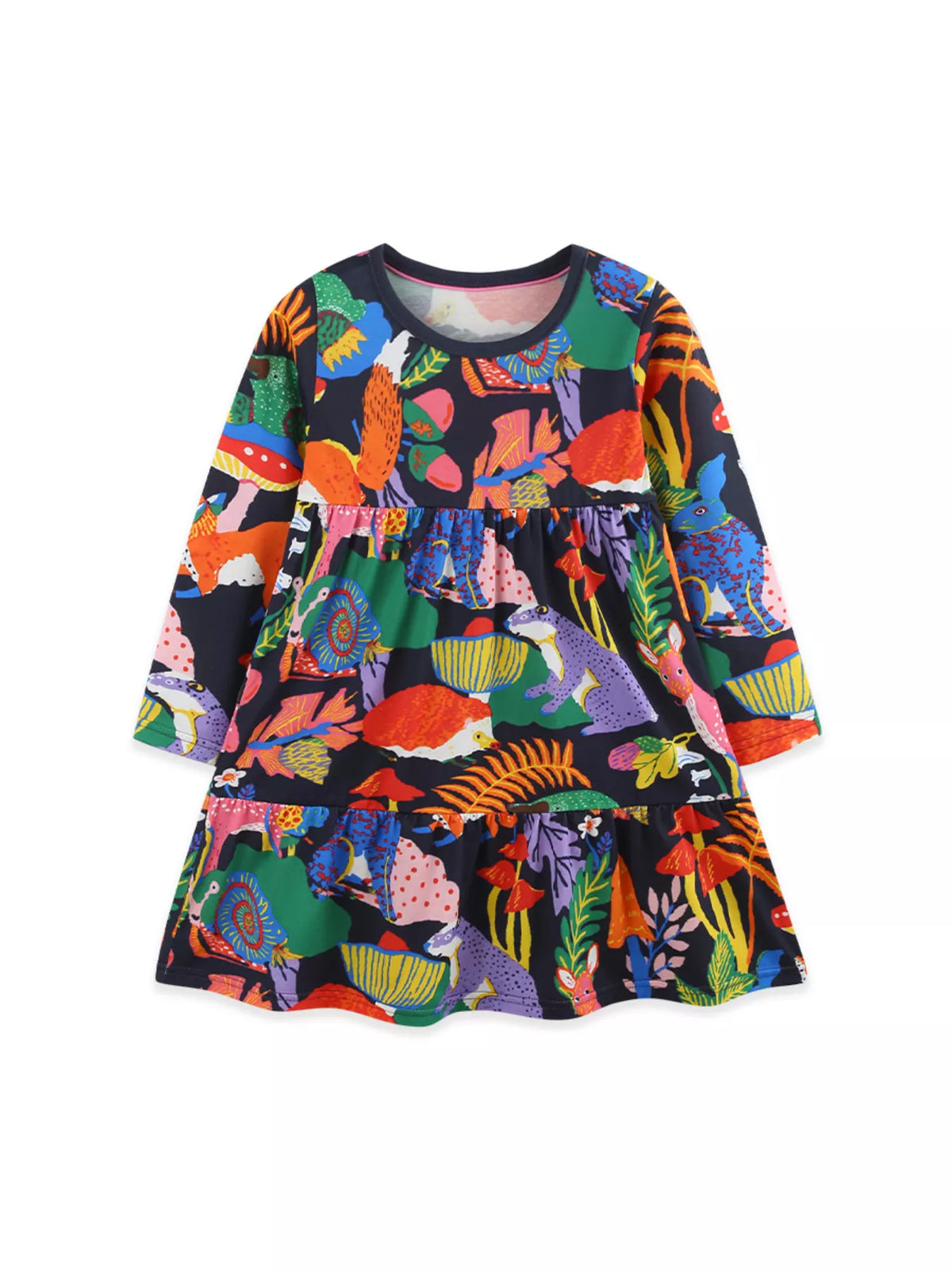 Front product view of the black multicolor botanical-print tiered dress.