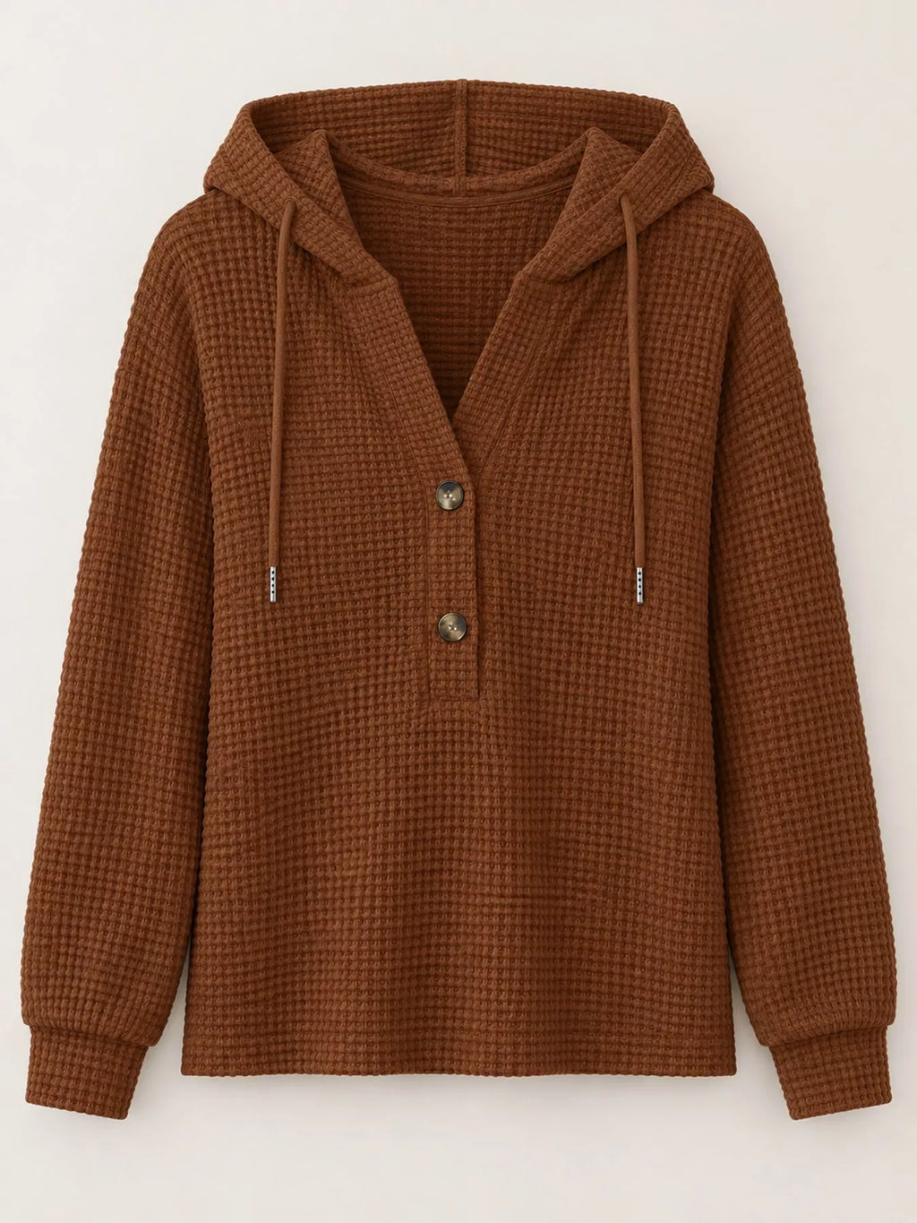 Brown waffle Knit Button Detail Hoodie