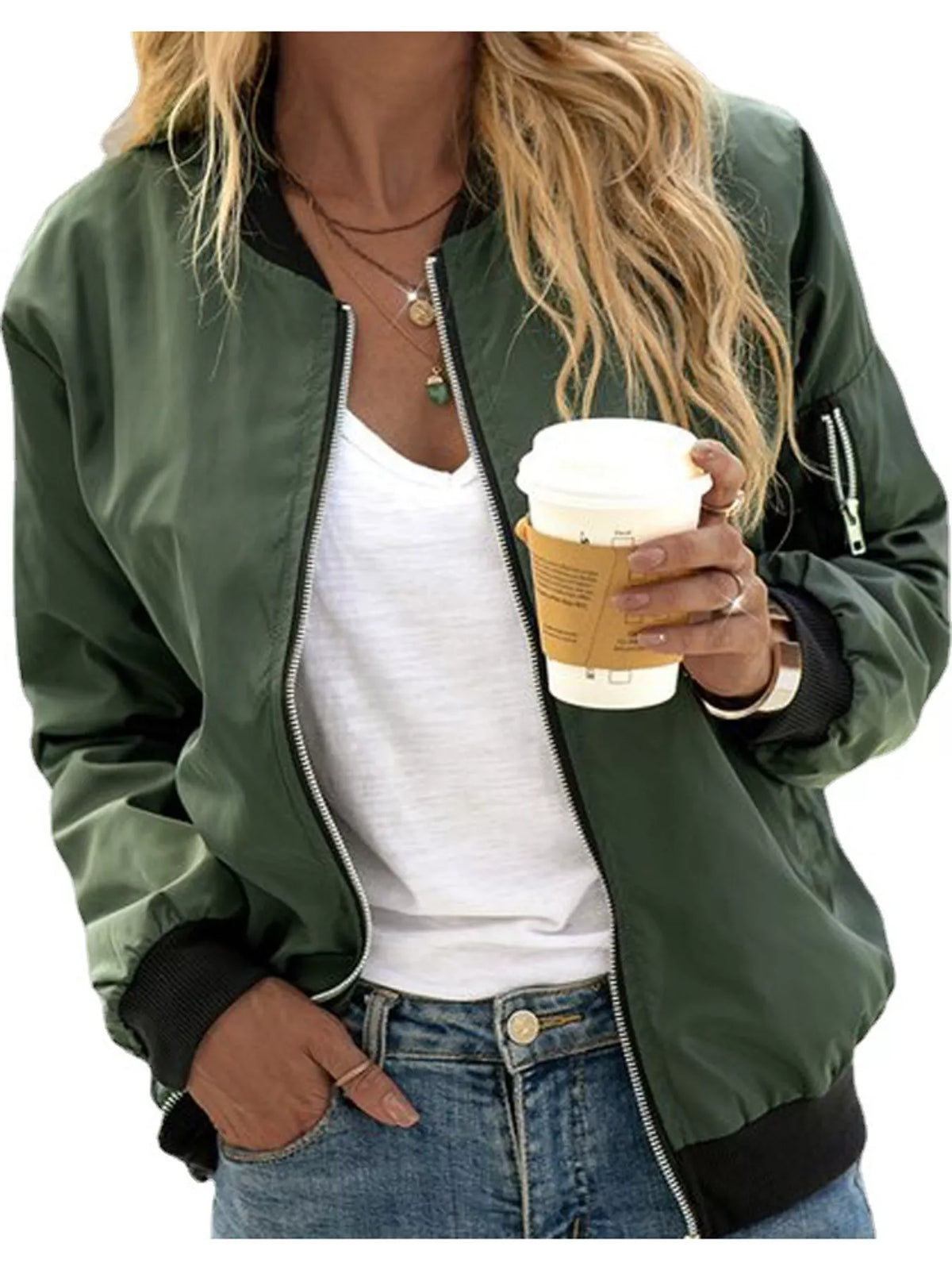 Dark-green bomber jacket modeled over a white top.