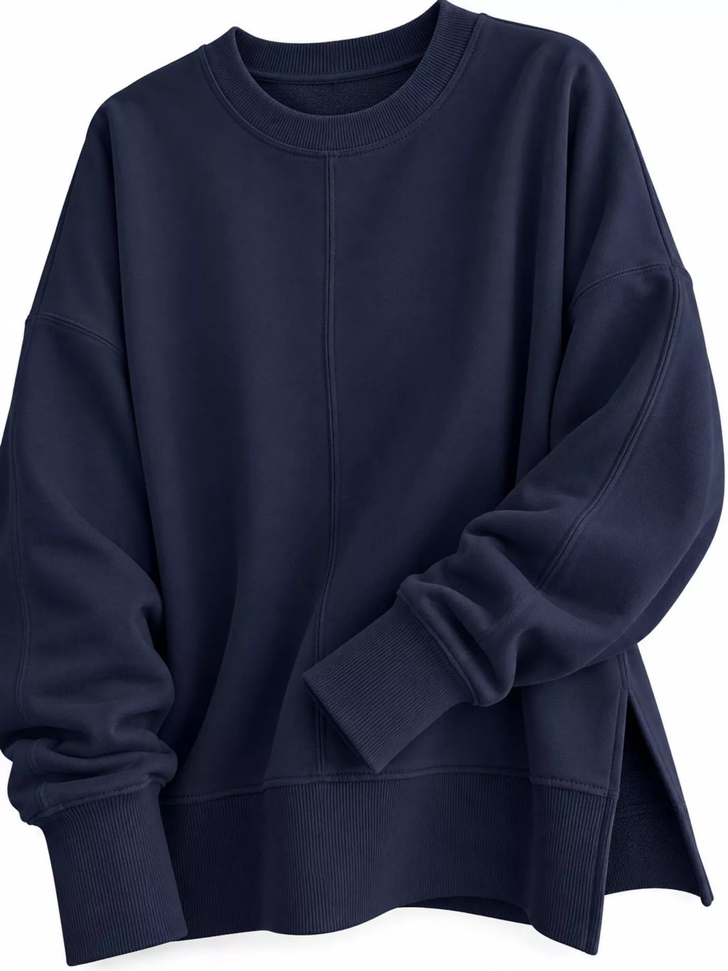 Navy oversized Crew Neck Sweatshirt with Side Slit — detail view