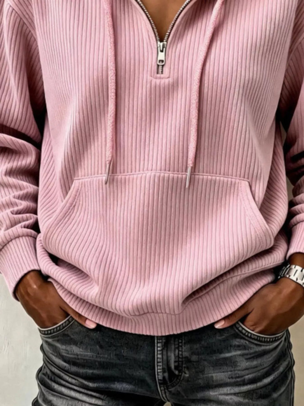 Pink ribbed Knit Quarter-Zip Hoodie — detail view