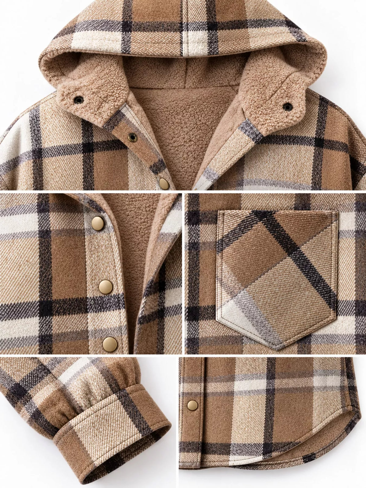 Collage of the khaki plaid jacket's plush lining, buttons, pocket and cuff.