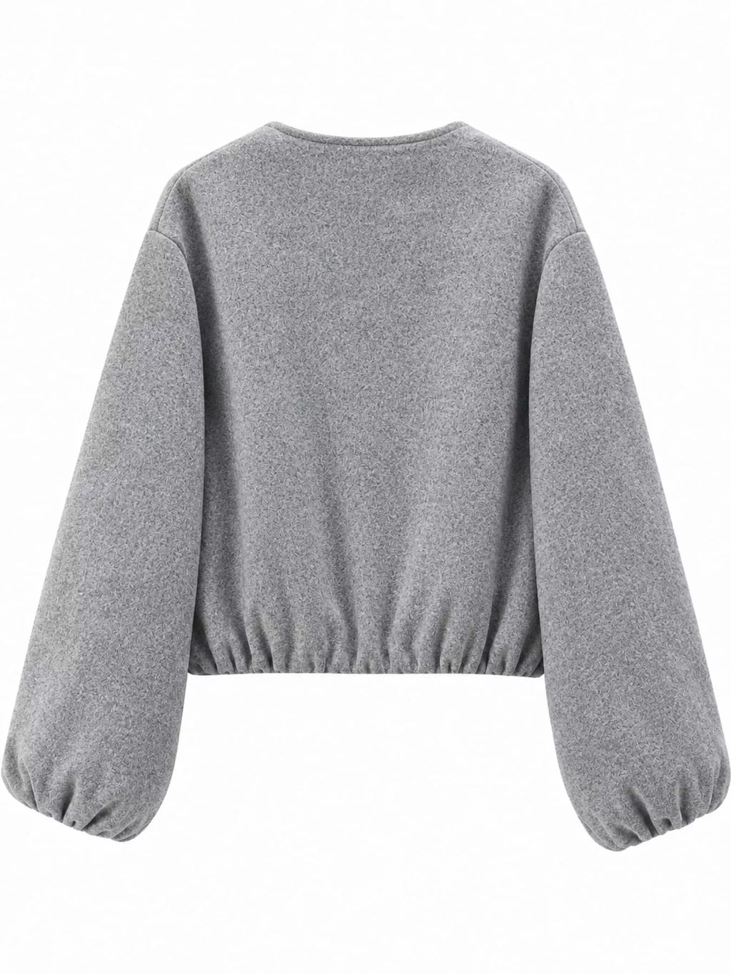 Gray round-neck zip-up jacket with gathered hem and sleeves, back view.