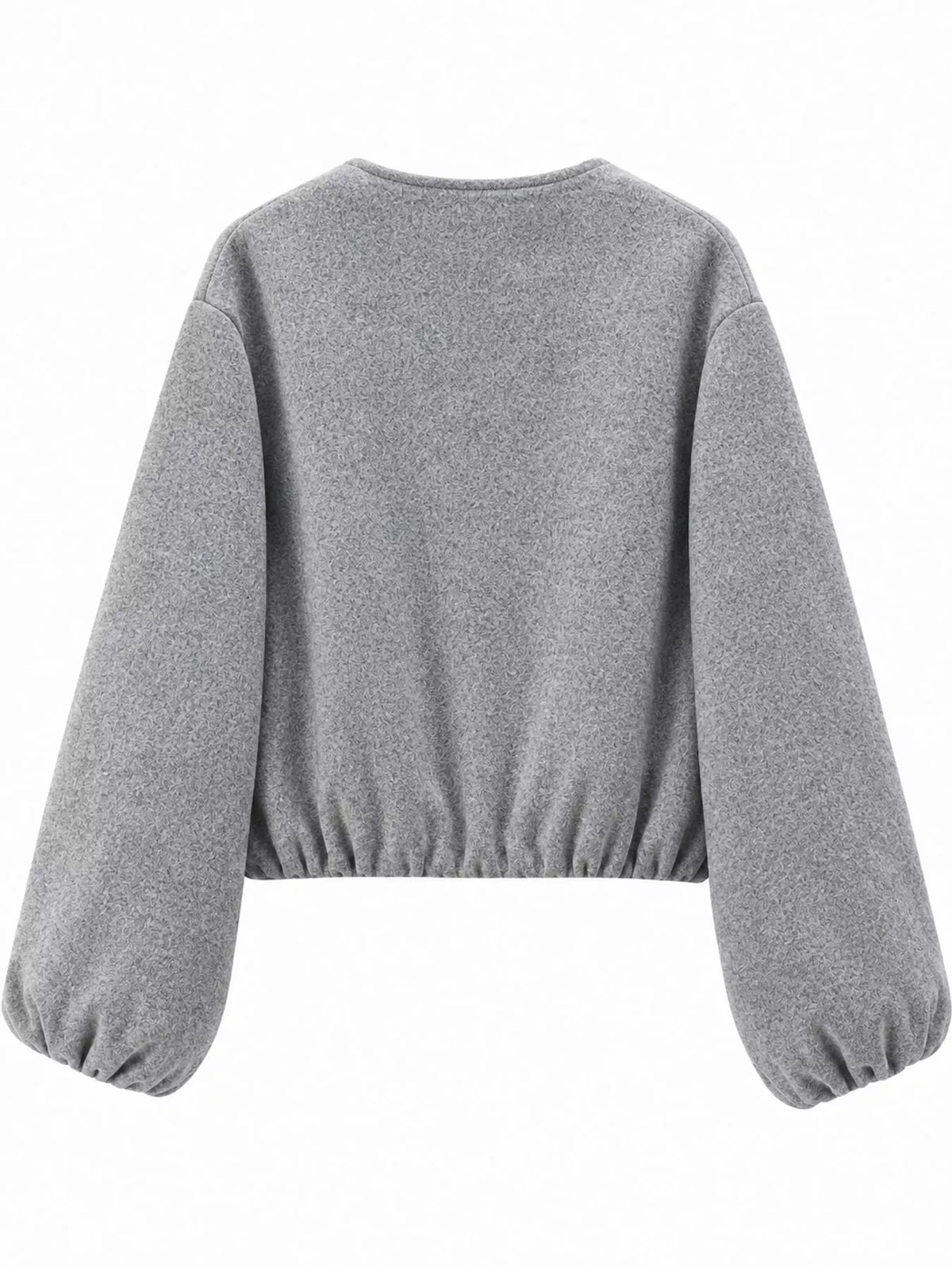 Gray round-neck zip-up jacket with gathered hem and sleeves, back view.
