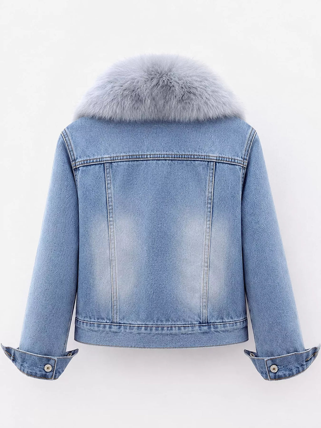Back view of the light-blue denim jacket and gray plush collar.