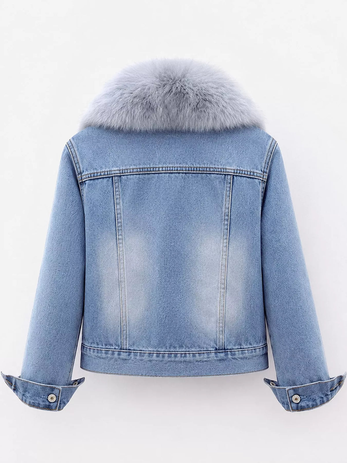 Back view of the light-blue denim jacket and gray plush collar.