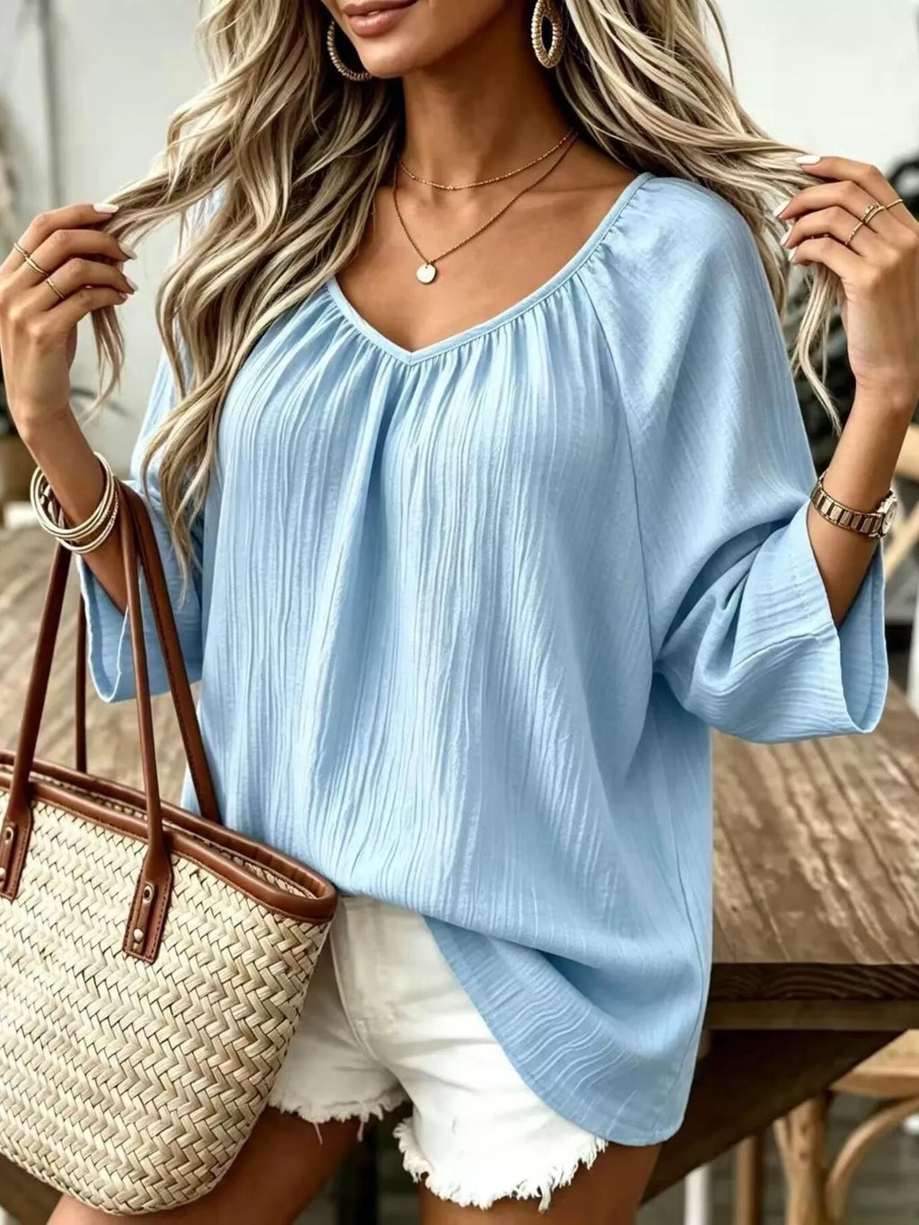 Light blue textured V-Neck T-Shirt