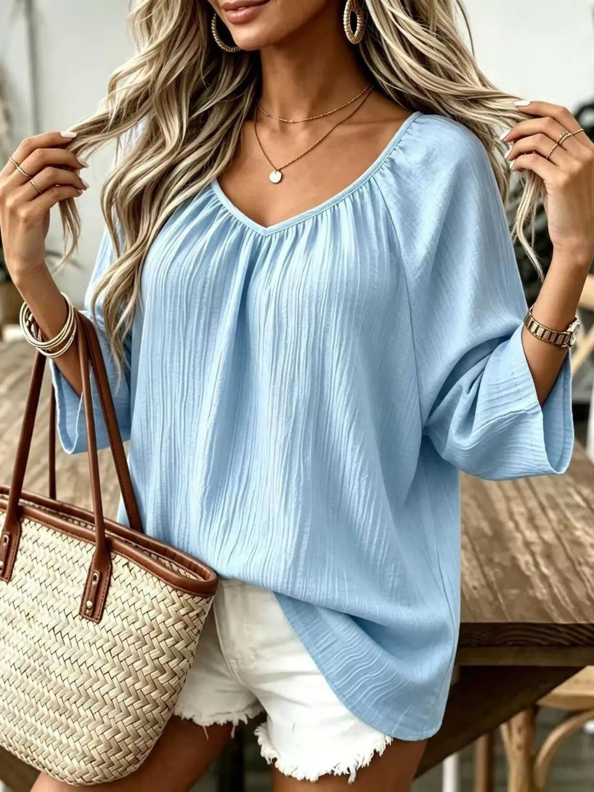 Light blue textured V-Neck T-Shirt