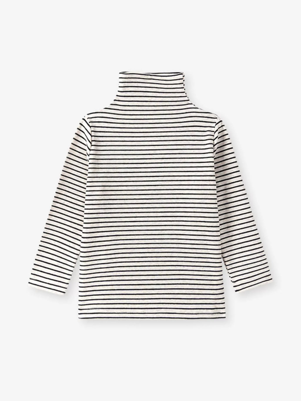 Front product view of the cream and black striped children's turtleneck.