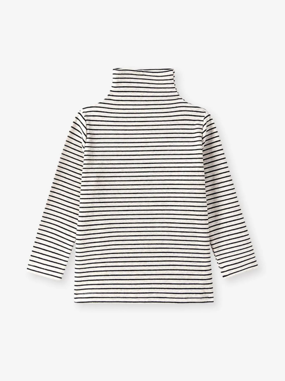 Front product view of the cream and black striped children's turtleneck.