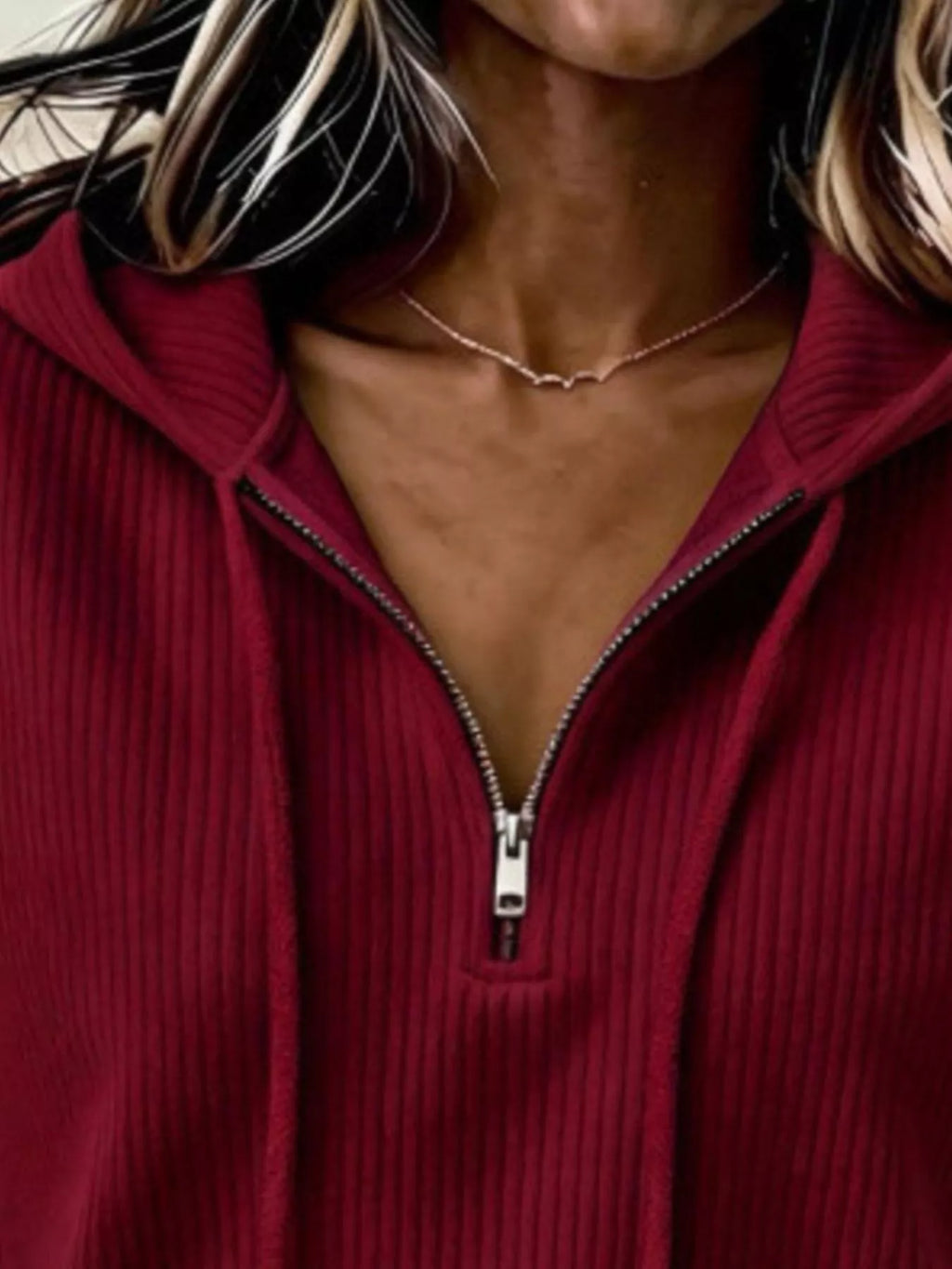 Burgundy ribbed Knit Quarter-Zip Hoodie — detail view