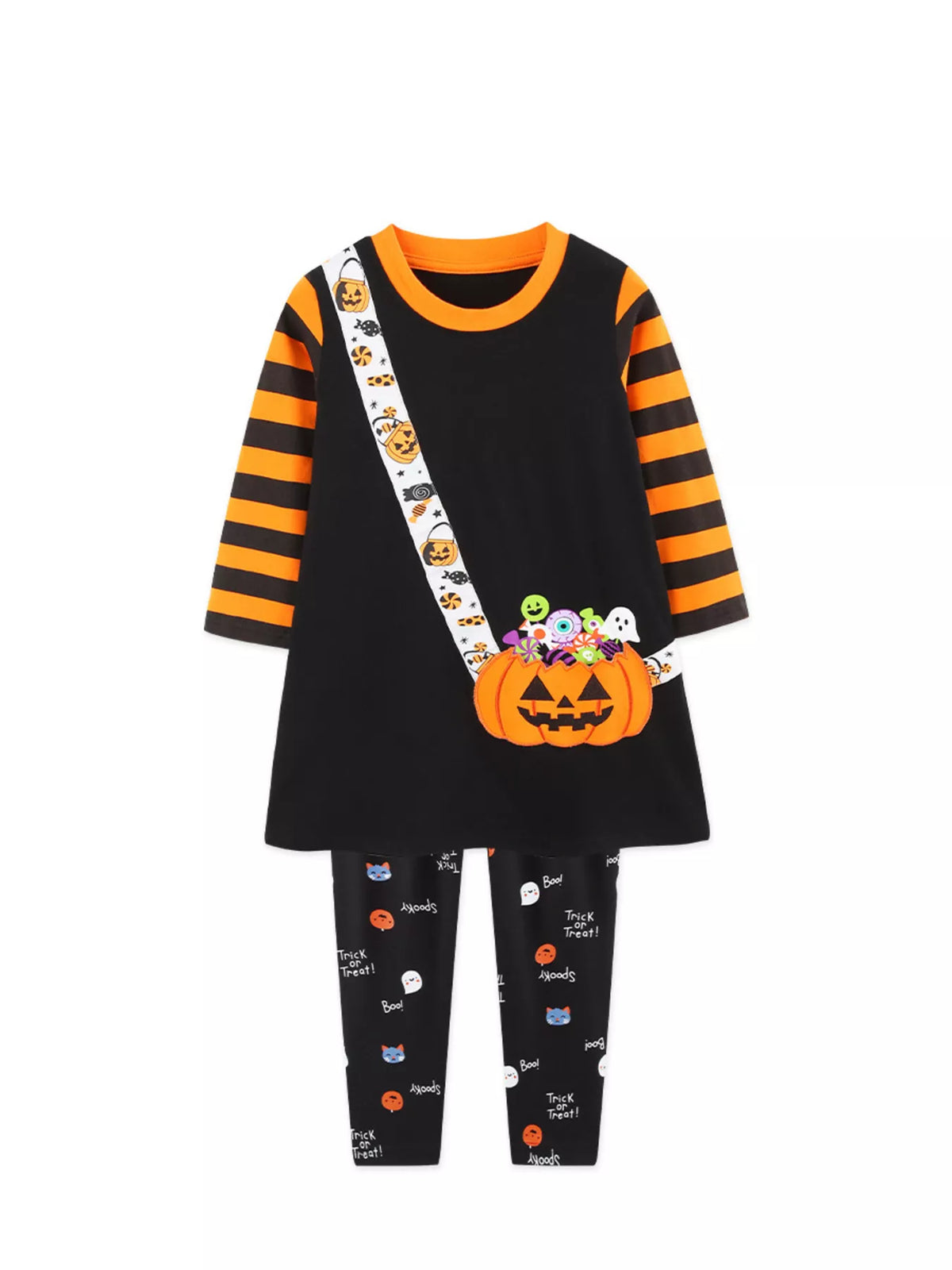 Children’s black pumpkin-print tunic with orange-striped sleeves and patterned leggings displayed flat