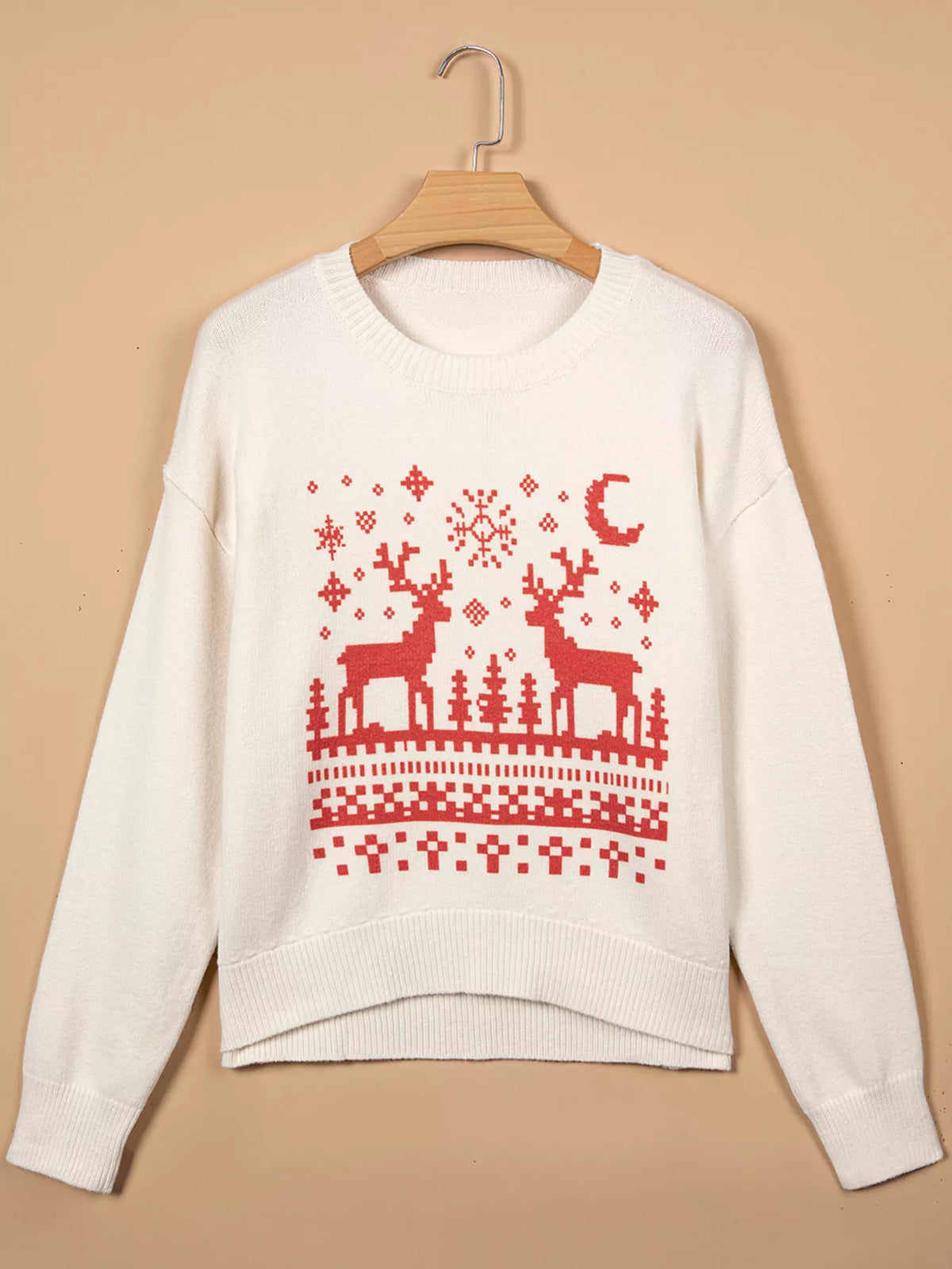 Cream pixel Snowflake Reindeer Christmas Round Neck Sweater