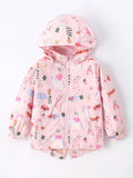 Pink children's zip-up hooded jacket with colorful illustrated prints and front pockets.