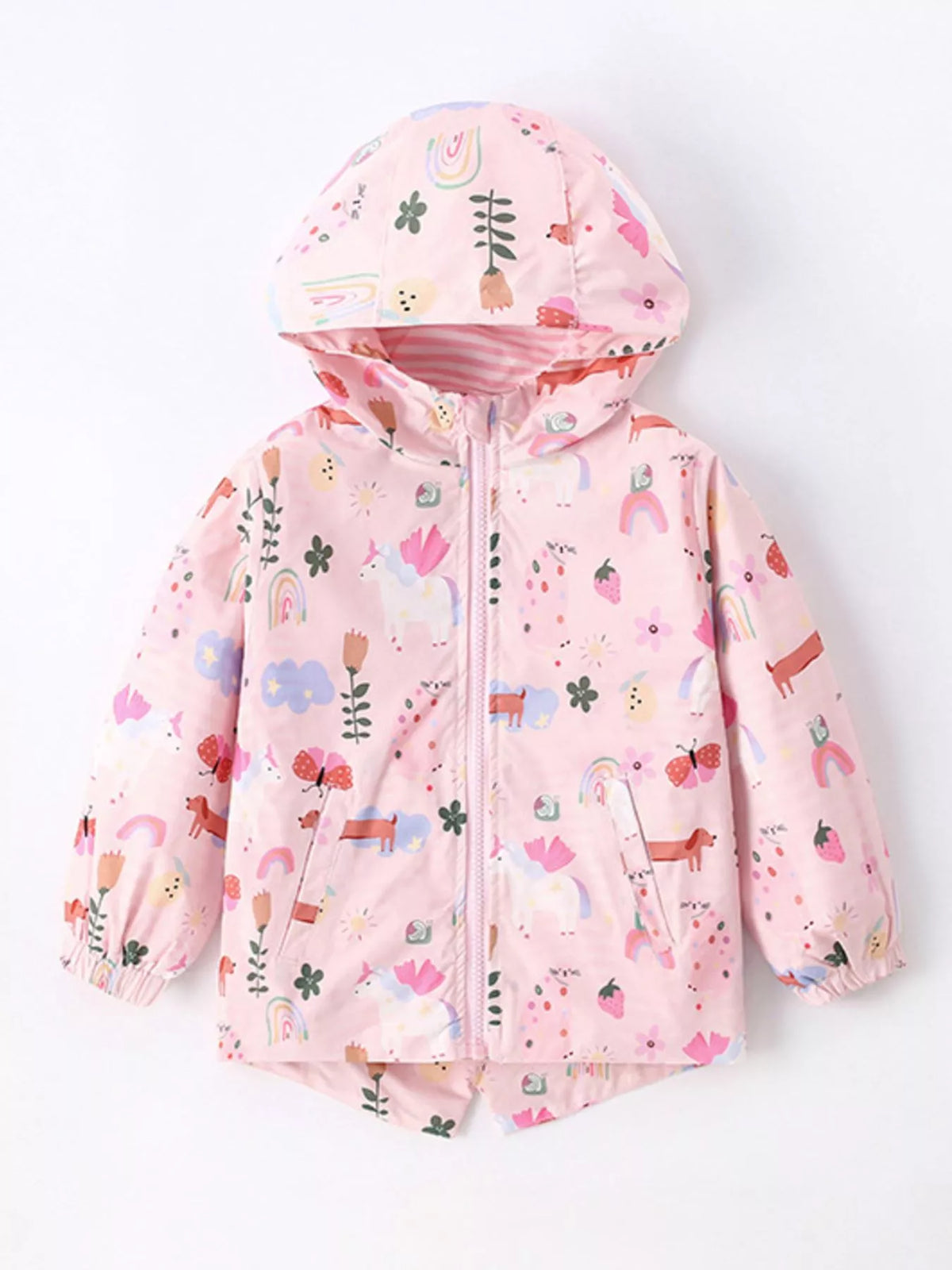 Pink children's zip-up hooded jacket with colorful illustrated prints and front pockets.