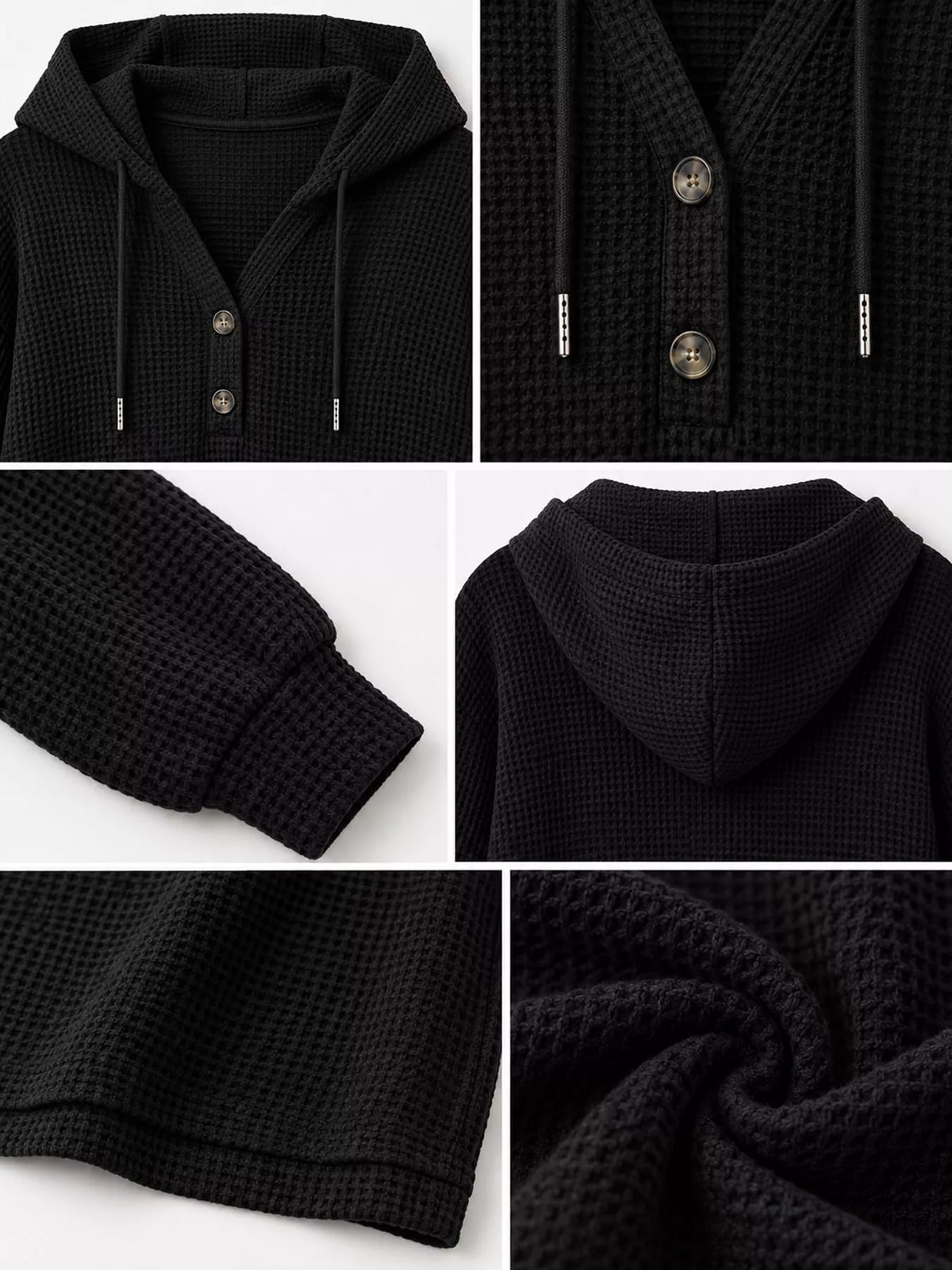 Black waffle Knit Button Detail Hoodie — detail view