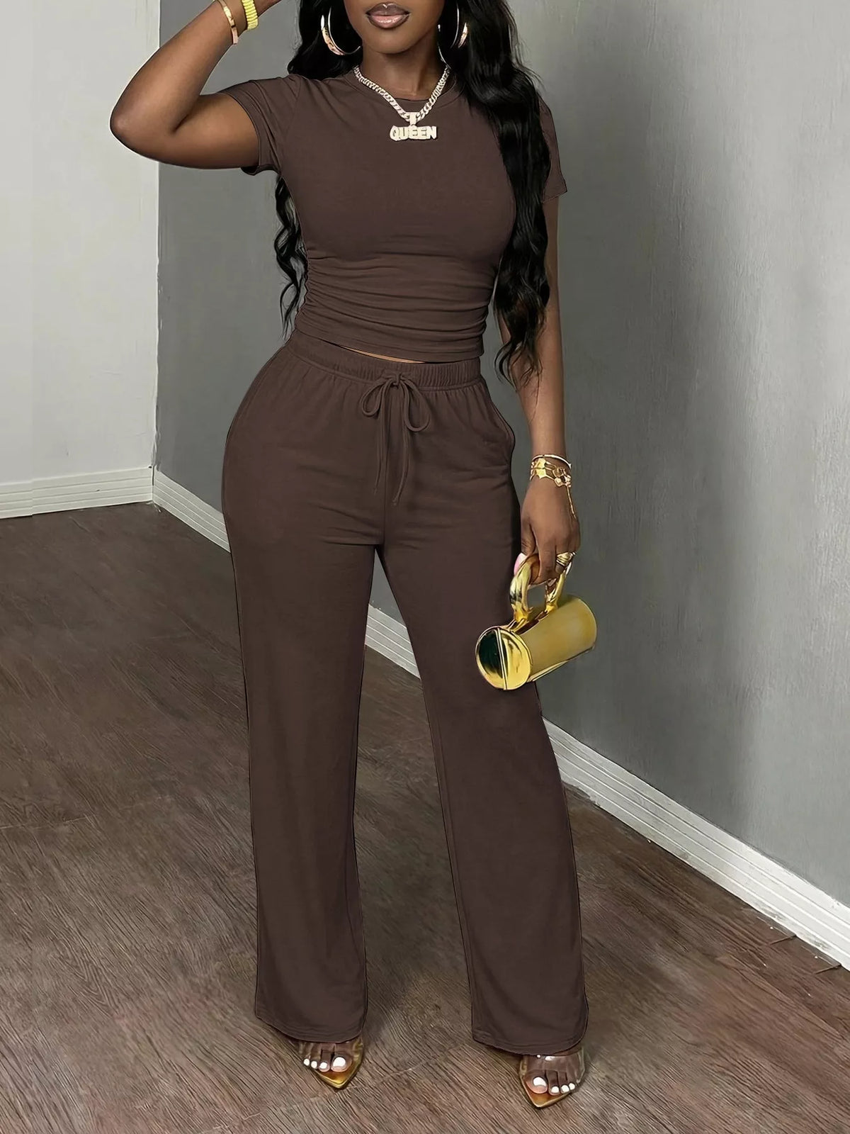 Brown short Sleeve Top and Wide Leg Pants Set