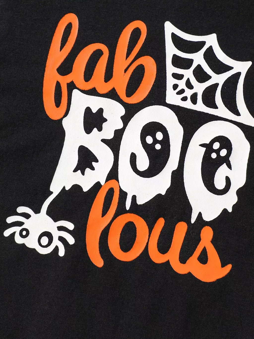 Close-up of Fab Boo Lous lettering with ghosts, spider and spiderweb graphics.