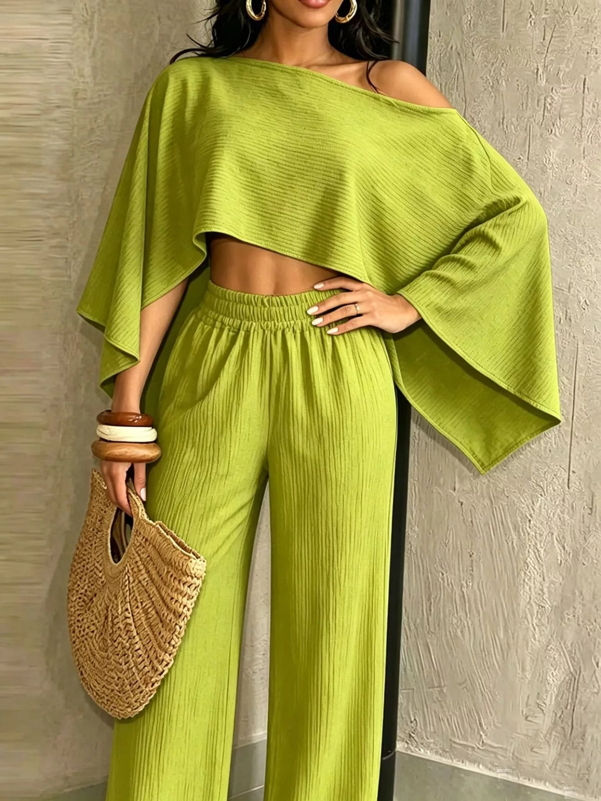 Lime green boat Neck Crop Top and Wide-Leg Pants Set