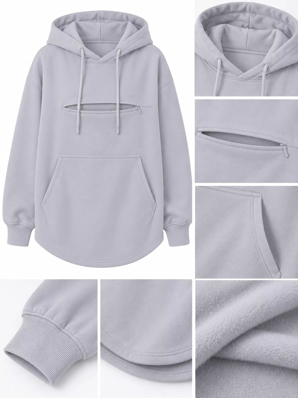 Gray cat Pouch Drawstring Hoodie — detail view