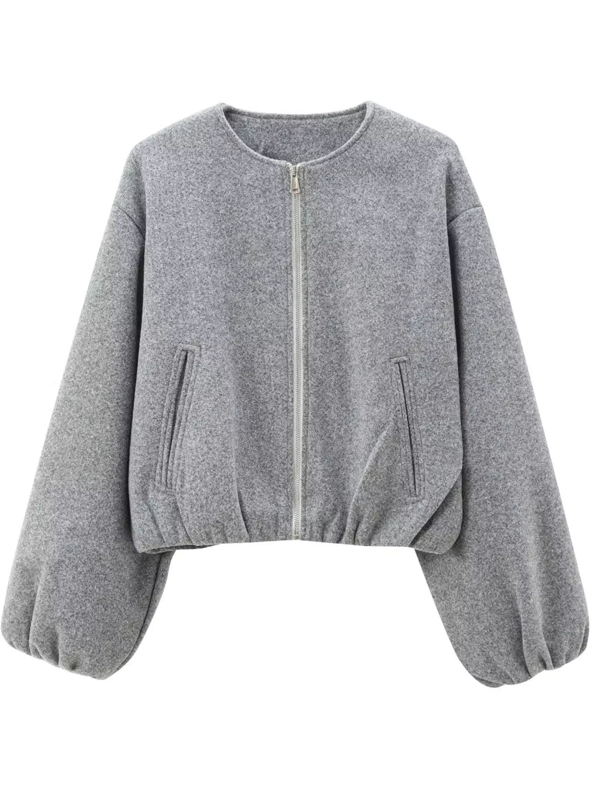 Gray round-neck zip-up jacket with gathered hem and sleeves, front view.