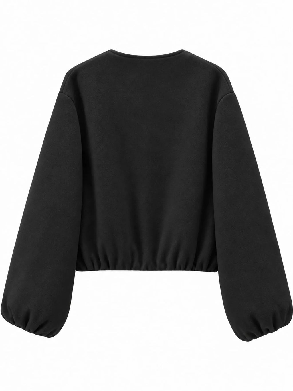 Black round-neck zip-up jacket with gathered hem and sleeves, back view.