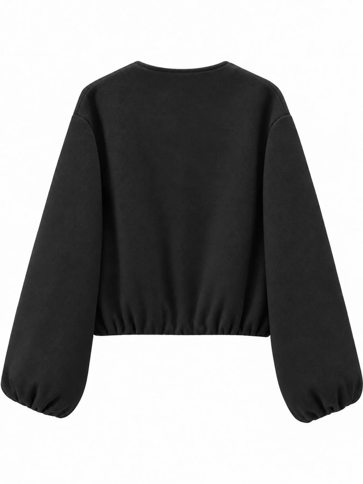 Black round-neck zip-up jacket with gathered hem and sleeves, back view.