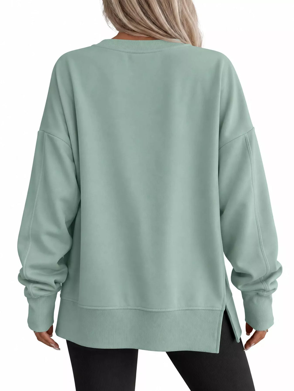 Sage green oversized Crew Neck Sweatshirt with Side Slit — back view