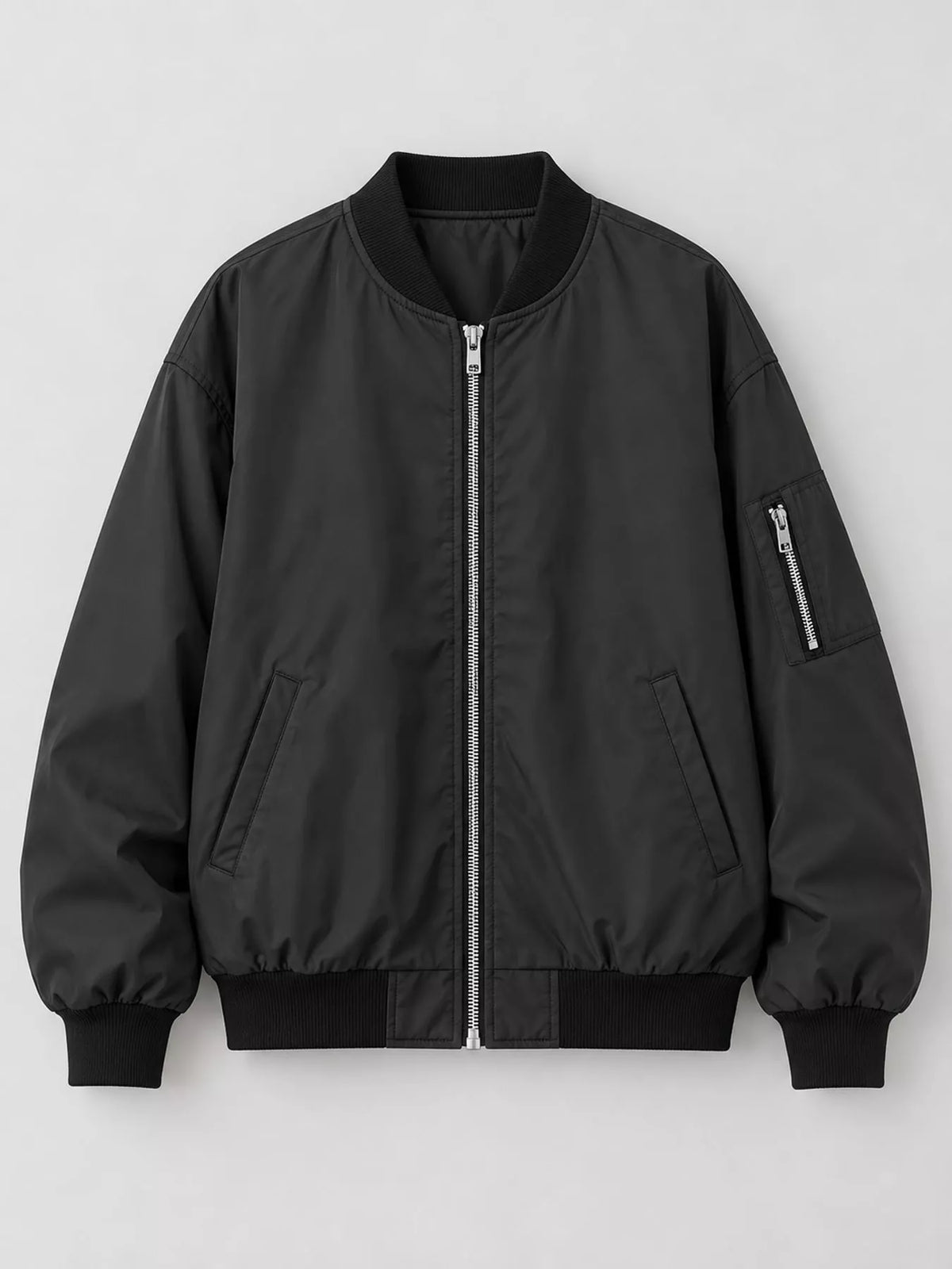 Black lightweight bomber jacket displayed flat.