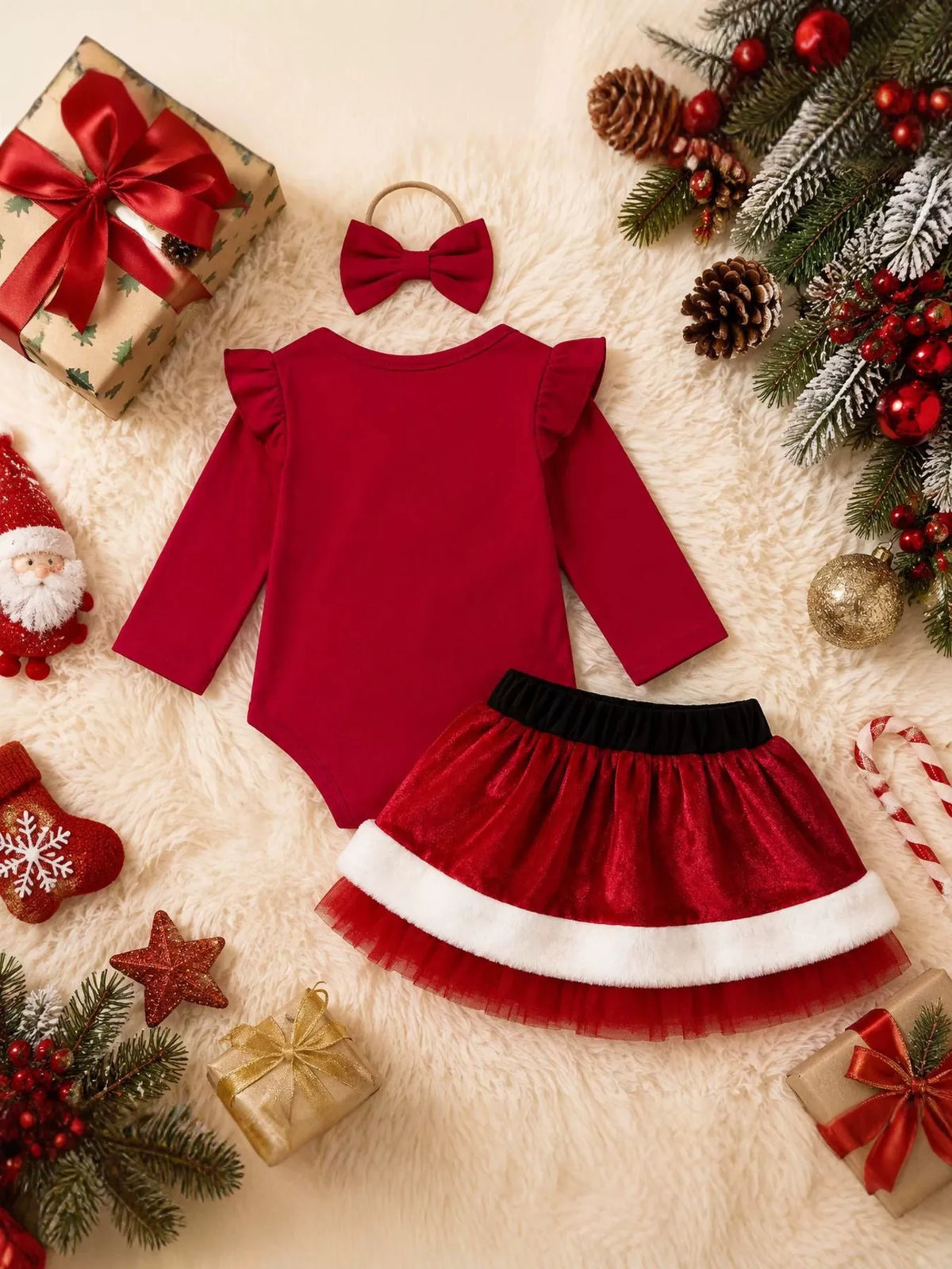 Back flat lay of the red Santa-style bodysuit, skirt and bow headband.