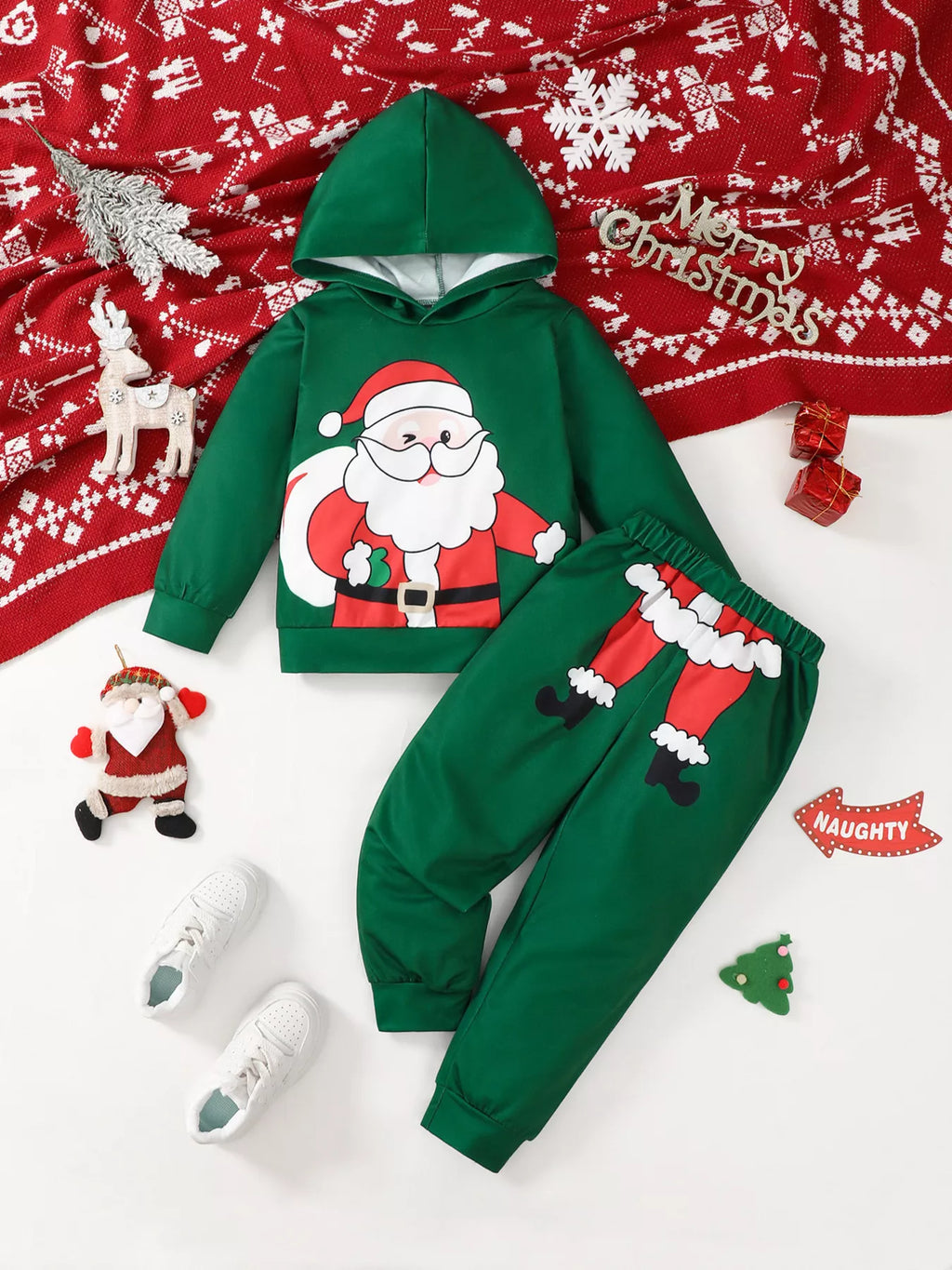 Children’s green Santa graphic hooded sweatshirt and matching pants displayed flat