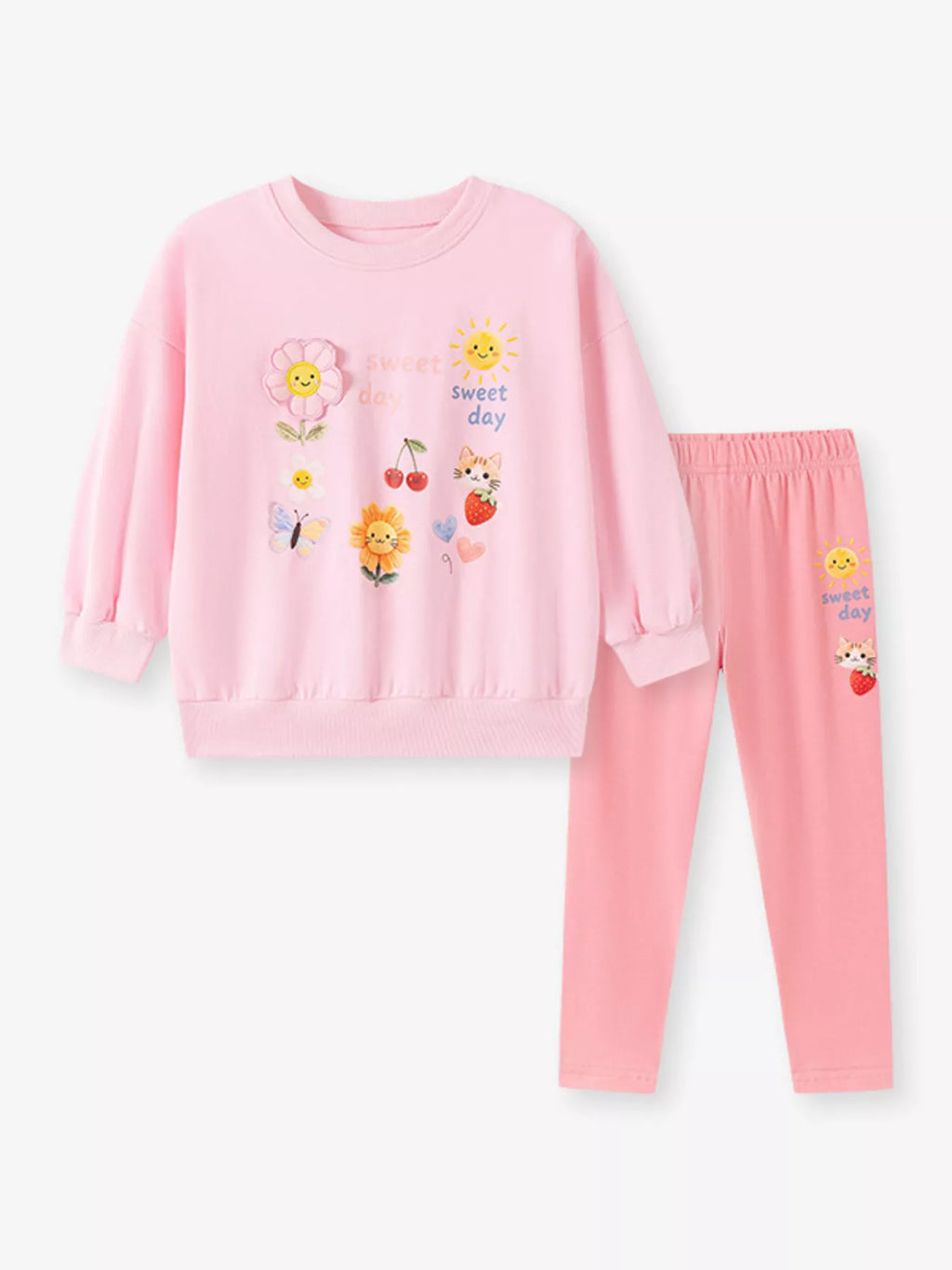 Children’s pink graphic sweatshirt and matching leggings displayed flat