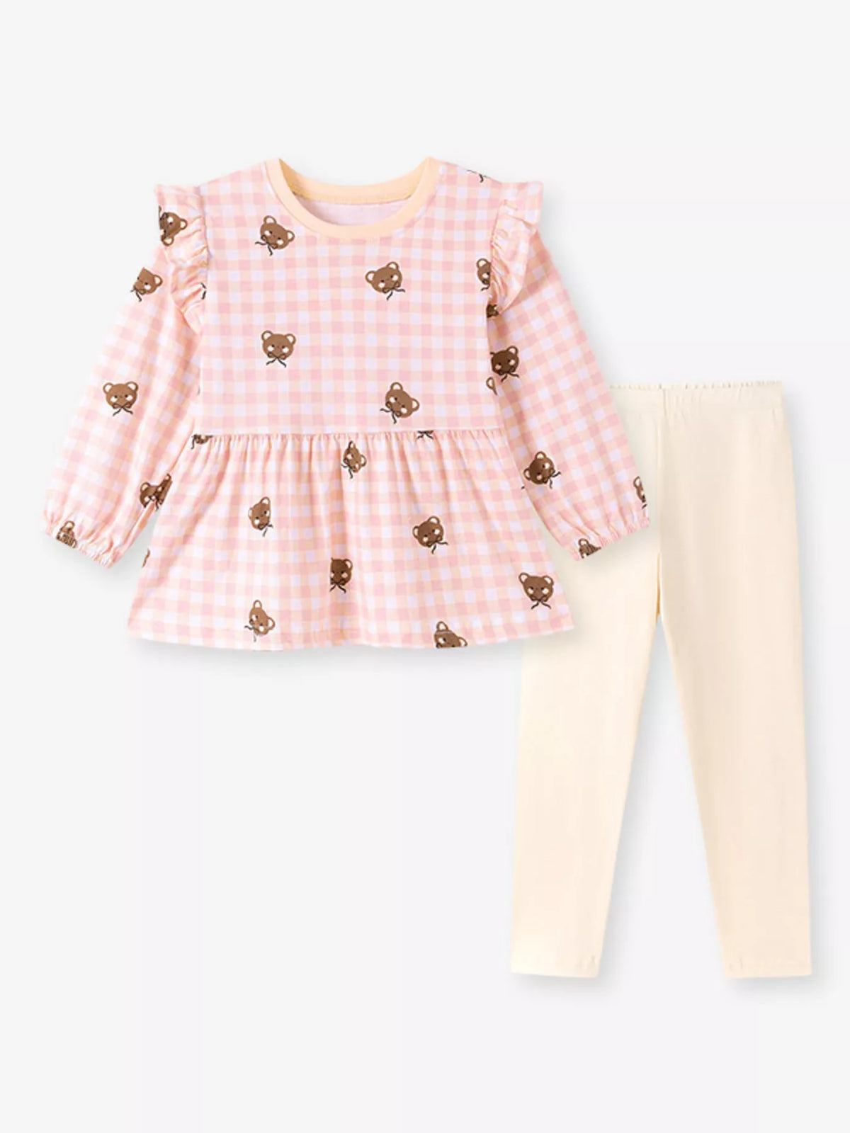 Flat lay of a pink gingham bear-print long-sleeve peplum top and cream leggings.