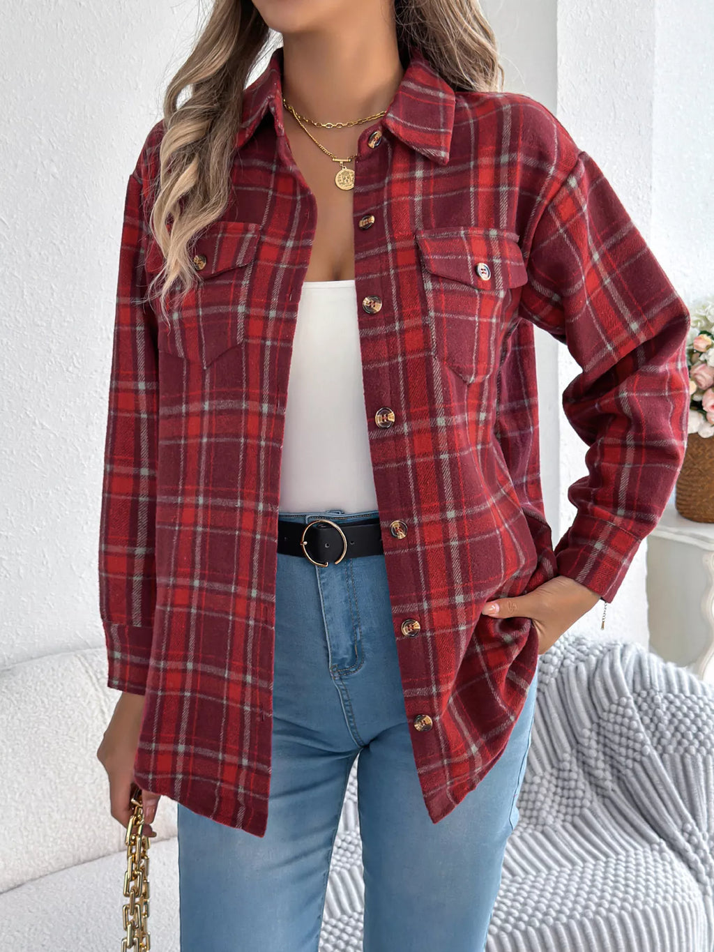 Red plaid button-down shacket with chest pockets, front view.