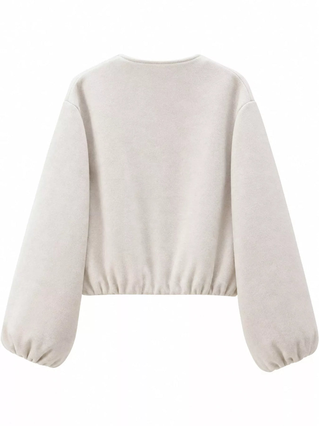 Off-white round-neck zip-up jacket with gathered hem and sleeves, back view.