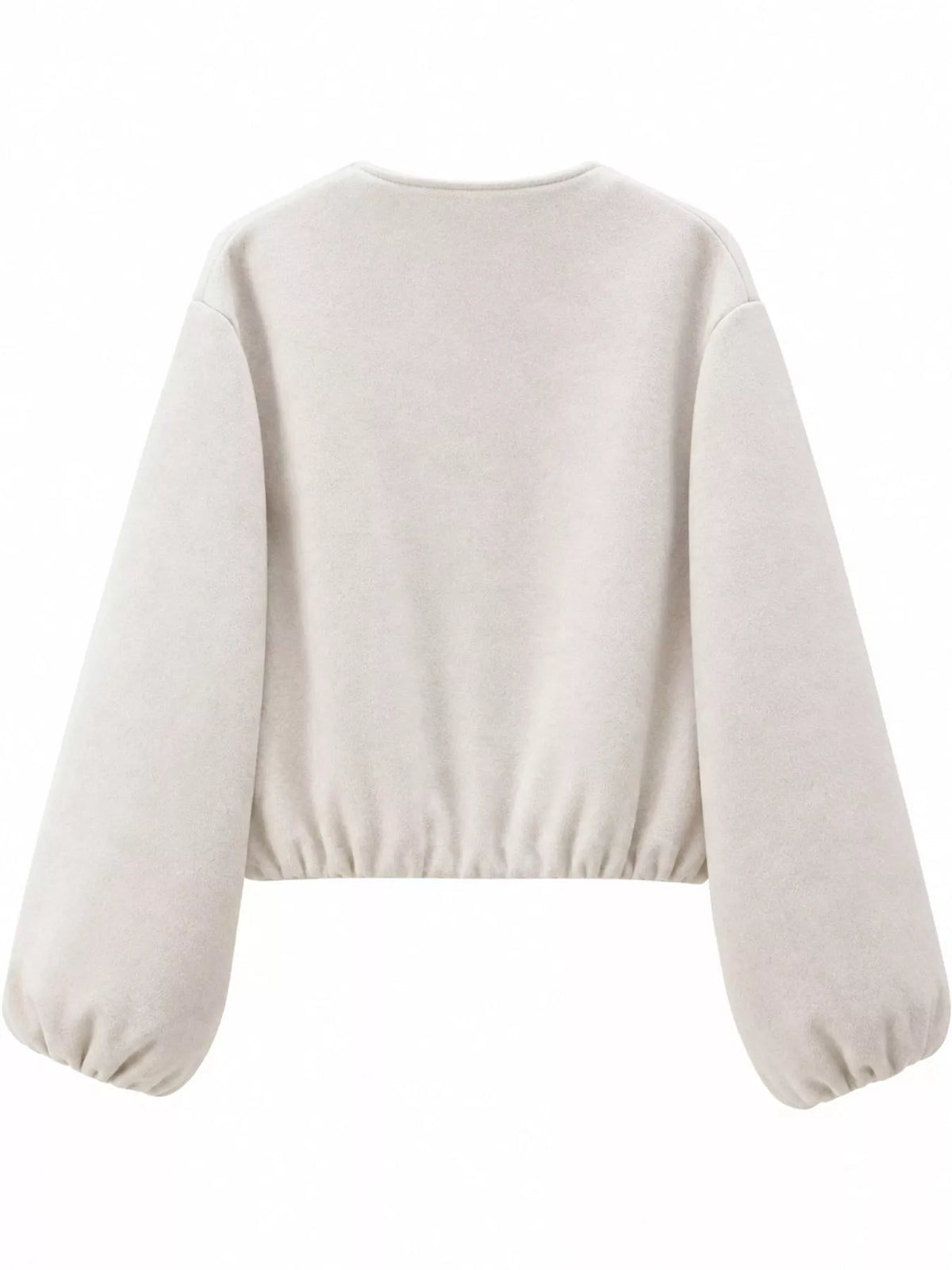 Off-white round-neck zip-up jacket with gathered hem and sleeves, back view.