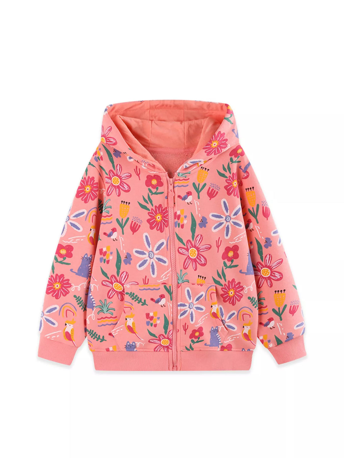 Front product view of the pink floral zip-up hooded jacket.