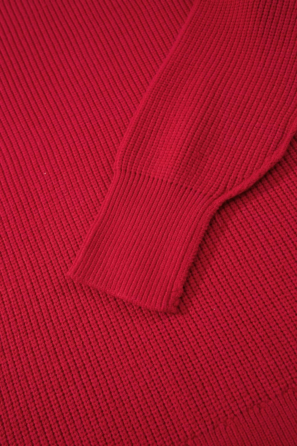 Red long Sleeve Ribbed Knit Stand Neck Sweater — detail view