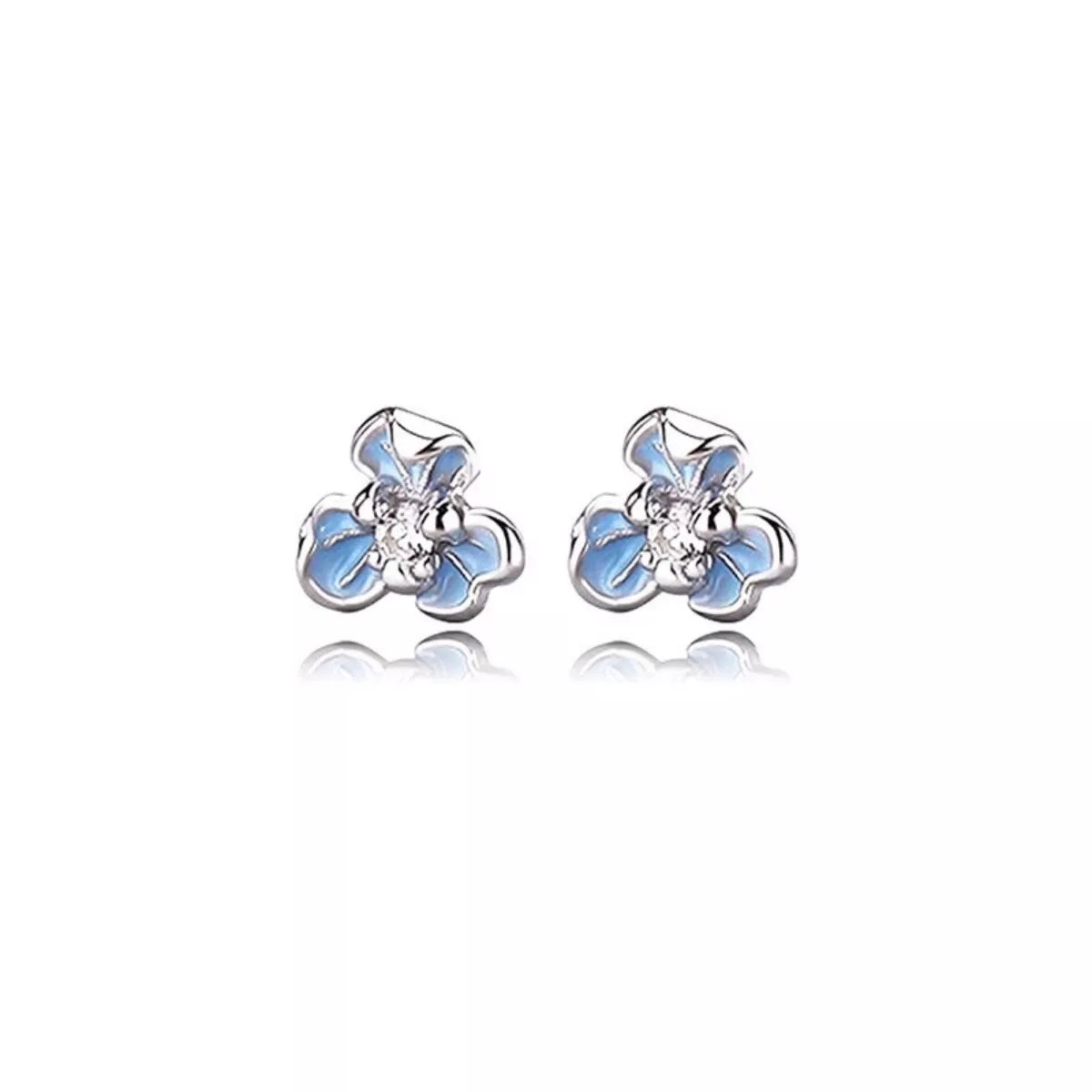 Silver-tone flower stud earrings with blue stones — detail view