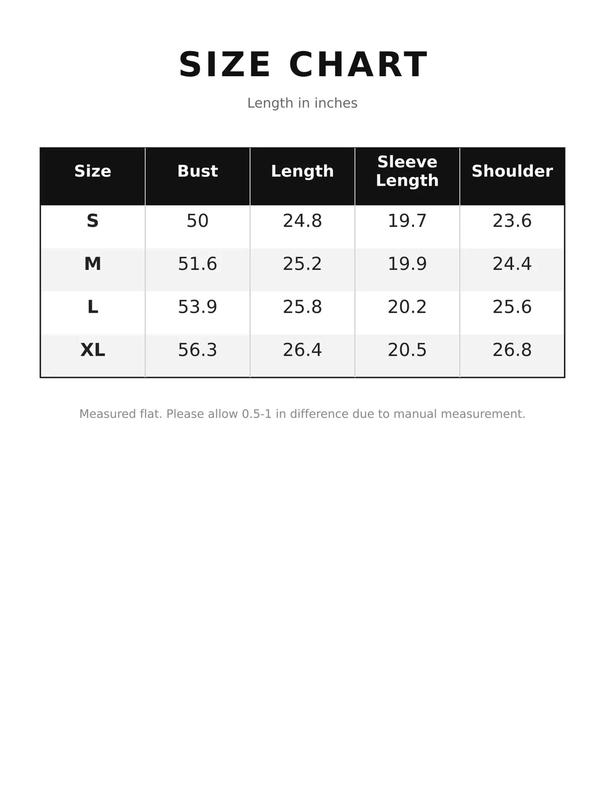 Size chart for the contrast-collar zip-up jacket, with measurements in inches.