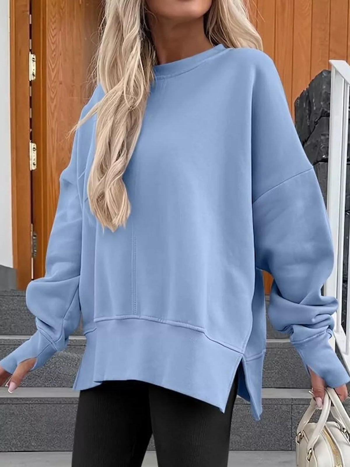 Blue oversized Crew Neck Sweatshirt with Side Slit