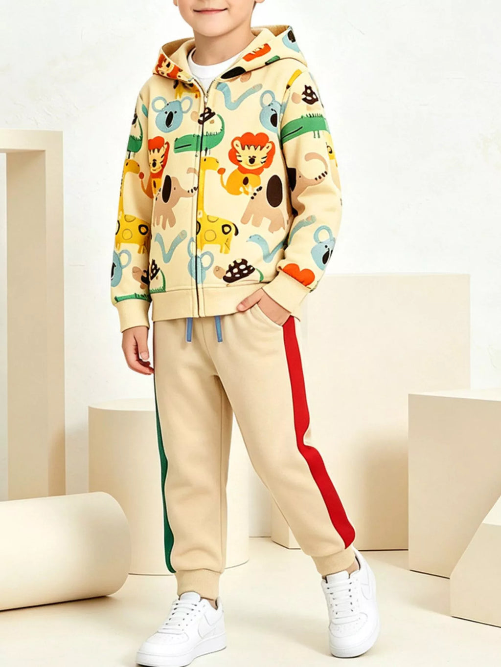 Child wearing a cream zip-up animal-print hoodie and pants with contrasting side stripes.