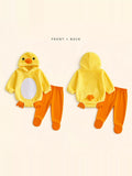 Front and back views of a yellow duck hooded top and orange pants set.
