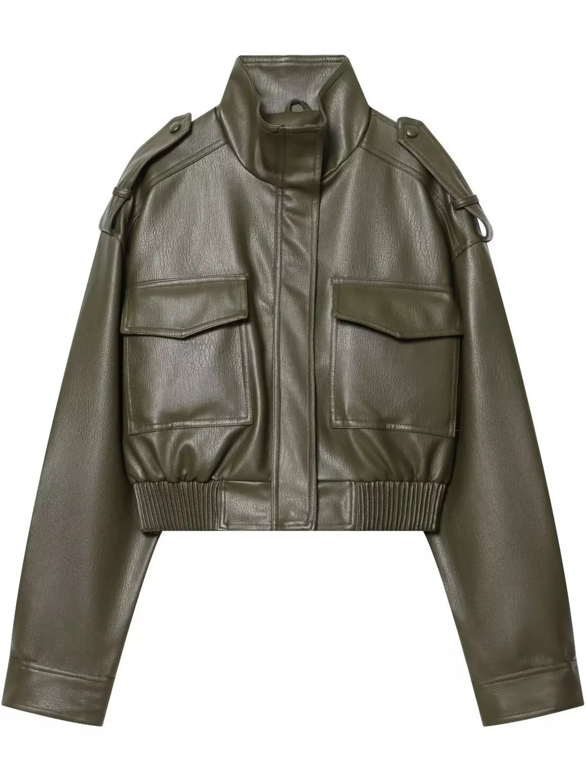 Army-green faux-leather cropped bomber jacket, front view.
