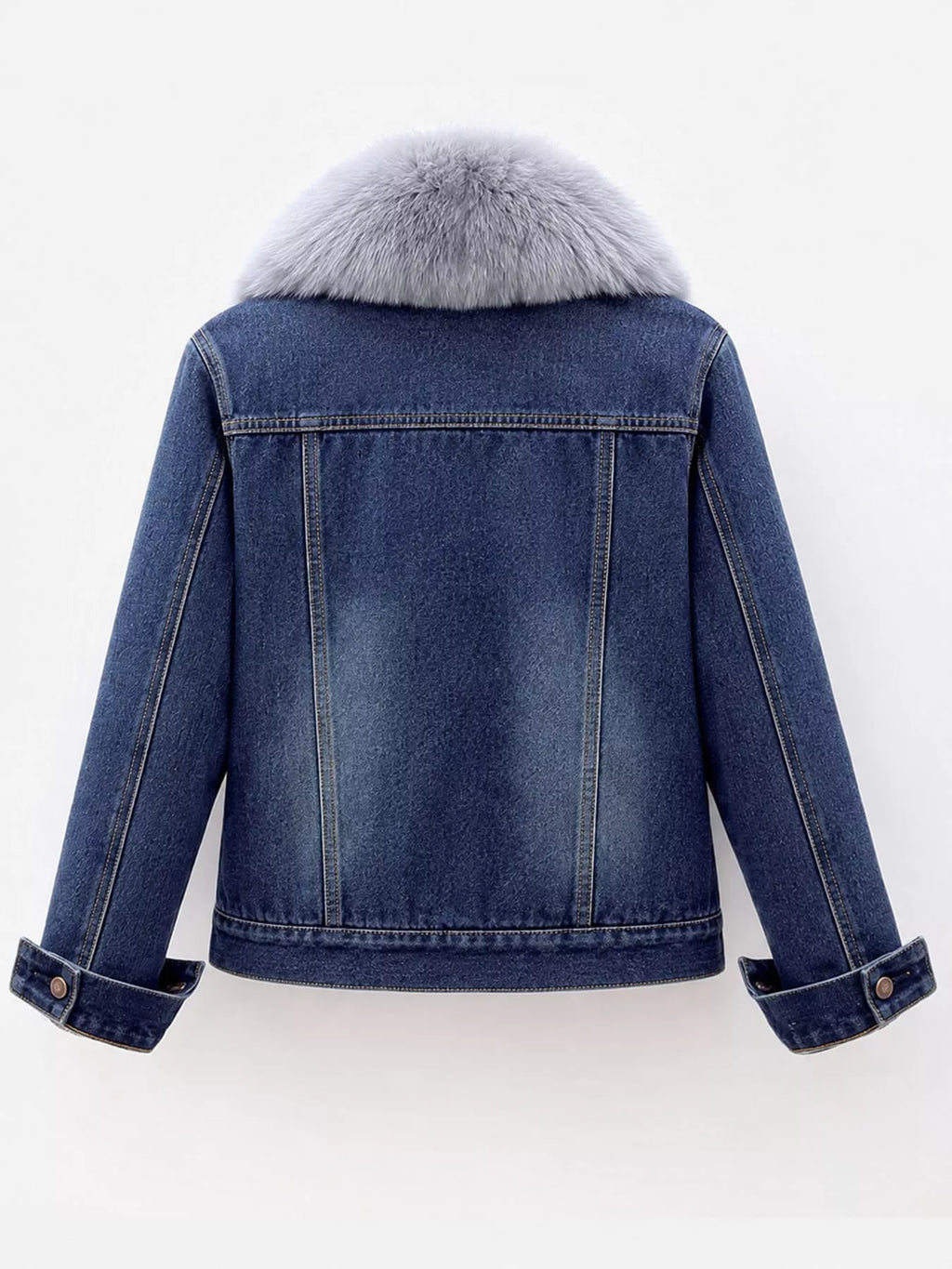 Back view of the dark-blue denim jacket and gray plush collar.